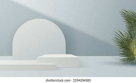 blue podium display minimal background product display scene of abstract light and leaf for cosmetic, branding and packaging presentation. studio stage with shadow of leaf background. vector design.