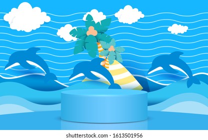 blue podium with dolphin in the ocean background