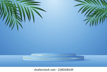 Podio azul con elegantes líneas doradas y hojas verdes en la parte posterior para la presentación del producto. Presentación de productos cosméticos. ilustración vectorial

