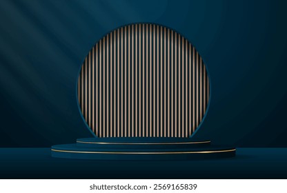 Blue podium with elegant gold lines and a brown slatted backdrop set in a circular window for displaying advertisements. Display of cosmetic products. Stage or podium. vector illustration	