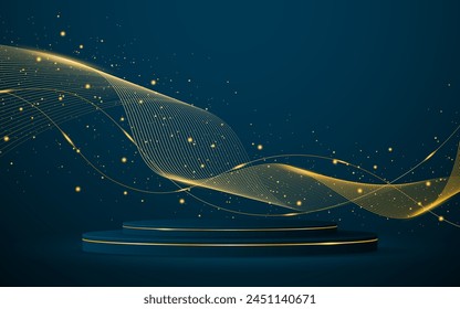 Blue podium with elegant gold wave lines on the back for advertisement display. Display of cosmetic products. Stage or podium. vector illustration	