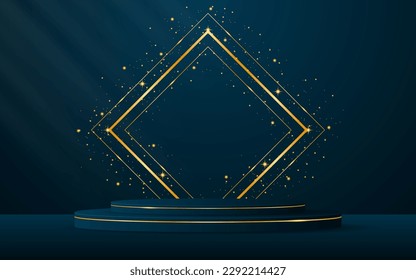 Blue podium with elegant golden squares lines on the back for product presentation. Cosmetic product display. Stage or podium. vector illustration	