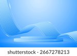 Blue podium with elegant blue wave lines on the back for product presentation. Display of cosmetic products. Stage or podium. vector illustration	