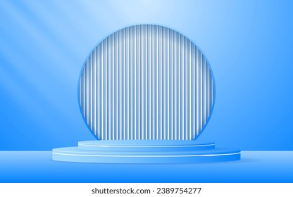 Blue podium with elegant white lines and a white slatted backdrop set in a circular window for displaying advertisements. Display of cosmetic products. Stage or podium. vector illustration	