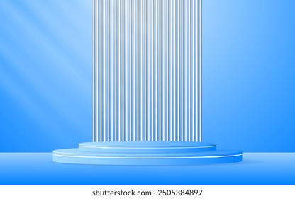 Blue podium with elegant white lines and a white slatted for displaying advertisements. Display of cosmetic products. Stage or podium. vector illustration	