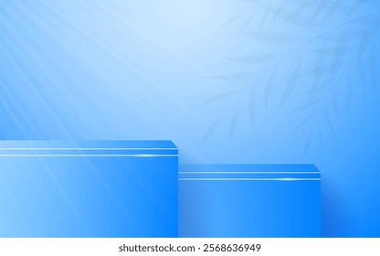 
Blue podium with elegant white lines and leaf shadows on the back for product presentation. Cosmetic product display. Stage or podium. vector illustration	
