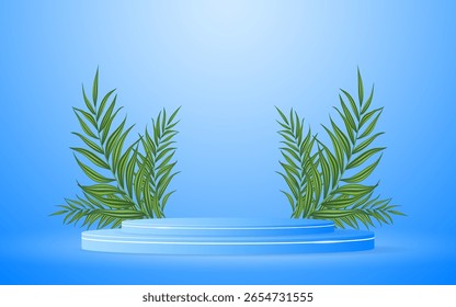 Blue podium with elegant white lines and green leaves on the back for product presentation. Cosmetic product display. vector illustration	