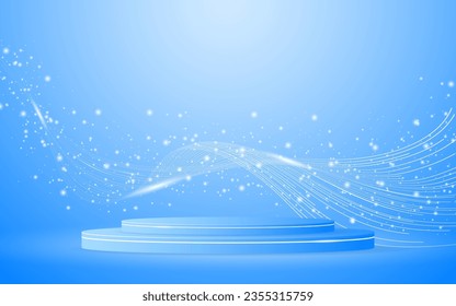Blue podium with elegant white wave lines on the back for product presentation. Display of cosmetic products. Stage or podium. vector illustration
