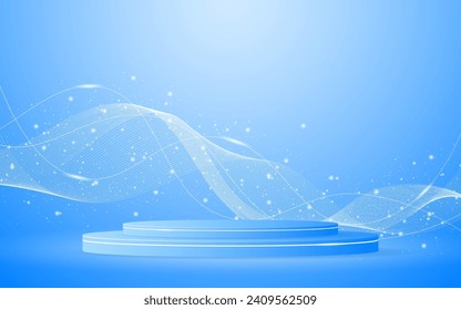 Blue podium with elegant white wave lines on the back for product presentation. Display of cosmetic products. Stage or podium. vector illustration	