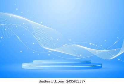 Podio azul con elegantes líneas de onda blancas en la parte posterior para la presentación del producto. Exposición de productos cosméticos. Escenario o podio. ilustración vectorial