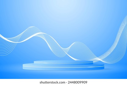 Blaues Podium mit eleganten weißen Wellenlinien auf der Rückseite für Produktpräsentation. Anzeige von Kosmetikprodukten. Bühne oder Podium. Vektorillustration	