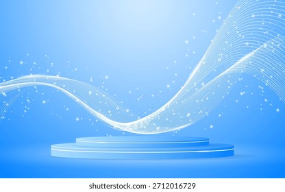 Blue podium with elegant white wave lines on the back for product presentation. Display of cosmetic products. Stage or podium. vector illustration	