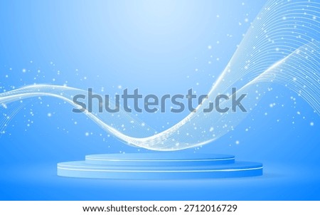 Blue podium with elegant white wave lines on the back for product presentation. Display of cosmetic products. Stage or podium. vector illustration	