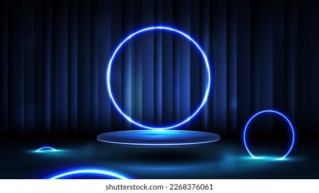 A blue podium floating in the air on background with curtain with blue neon rings around