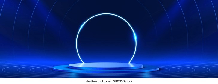 Blue podium with glowing neon circle light. Product display stage for modern presentation. Vector illustration