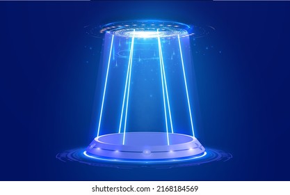 Blue podium and glowing panel stage layout for the product. Sci-fi dark blue abstract room with illuminate horizontal neon lamp. Isolated on blue background