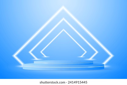 Blue podium with a glowing white square line on the back for product presentation. Display of cosmetic products. Stage or podium. vector illustration