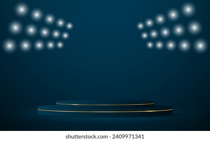 Blue podium with gold lines and spotlights shining down for product presentation. Display of cosmetic products. Stage or podium. vector illustration	