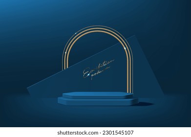 Podio azul con arco dorado. Presentación de productos cosméticos base de plataforma limpia, pantalla de exposición de moda de lujo peatón o galería de exhibición vacía presentación de fondo vectorial de podio azul oscuro realista