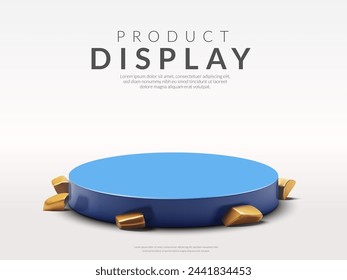 Blue podium with golden stone on white background, backdrop for display product on sale. Vector illustration