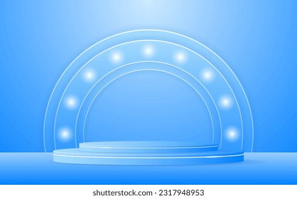 Blue podium has a blue circular arch at the back for advertisement display. Display of cosmetic products. Stage or podium. vector illustration	
