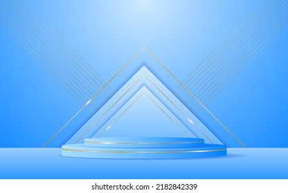 Blue podium has a blue triangular shape and a gold line on the back for product presentation. Cosmetic product display. vector illustration
