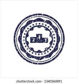 Blue podium icon inside distressed grunge seal