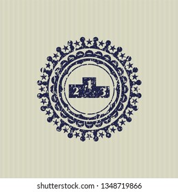 Blue podium icon inside distressed grunge seal