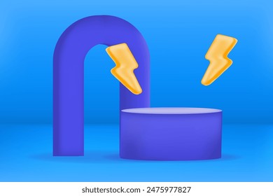 Blue podium illustration with 3D Illustration of a magnet Attracting Energy Bolts, Symbolizing Power and Energy