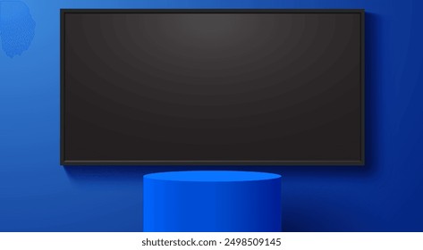 Podio azul con fondo de pantalla led en la habitación azul	