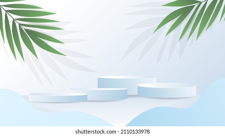 Blue Podium minimal with palm left on blue background , 3D stage podium display product , stand to show cosmetic products ,illustration 3d Vector EPS 10