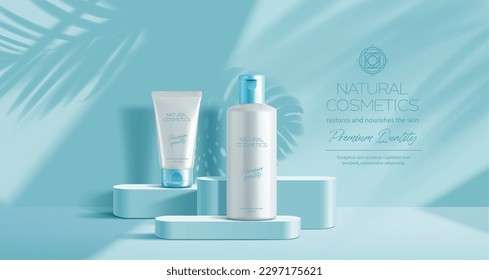 Blue podium mockup with cosmetics. Vector beauty product bottles on pedestal and palm leaves shadow on the wall. Promotional advertising banner with cream tube and shampoo packaging realistic mock up