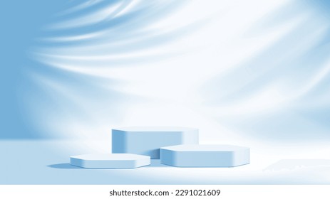 Blue podium mockup. Studio showroom pedestal, fashion showcase mock up scene or exhibition gallery display 3d vector podiums. Product presentation realistic podium or platform illuminated harsh light