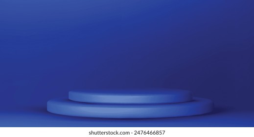 Blue podium mockup. Studio showroom pedestal, fashion showcase mock up scene or exhibition gallery display 3d vector podiums.