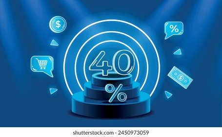 Blue podium with neon elements and 40 percent discount