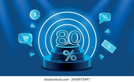 Blue podium with neon elements and 80 percent discount