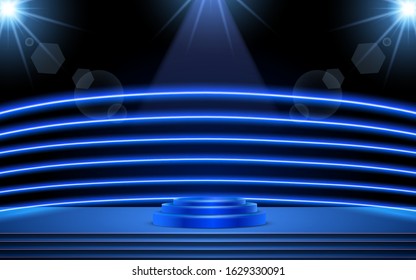 blue podium and blue neon light on the studio room