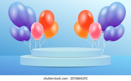 Blue podium on a blue background and multicolored transparent balls,  Flat Modern design,  isolated  background, illustration Vector EPS 10