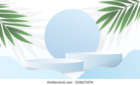 Blue Podium with palm left on white background , 3D stage podium display product , stand to show cosmetic products ,illustration 3d Vector EPS 10