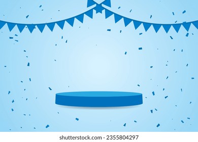 Blue Podium, Party Flags With Confetti And Ribbons Falling On White Background. Celebration Event. Happy Birthday. Vector Illustration