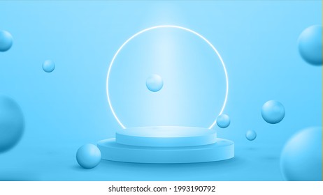 Blue podium with realistic flying spheres and neon ring on background. Light blue abstract scene with neon ring