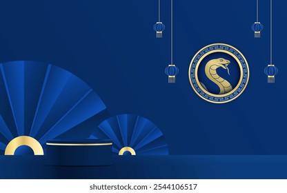 Blue Podium round stage podium and paper art Chinese new year,Chinese Festivals, Mid Autumn Festival , red paper cut and asian elements