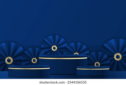 Blue Podium round stage podium and paper art Chinese new year,Chinese Festivals, Mid Autumn Festival , red paper cut and asian elements