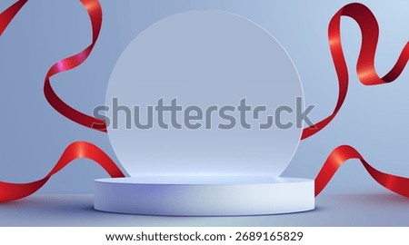 Blue podium scene background with red ribbon. Product presentation, mock up. Winner stage pedestal or platform. Vector illustration