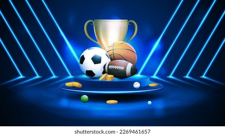 Blue podium in blue scene with diagonal blue line neon lamps on background, champion cup, gold coins and sport balls