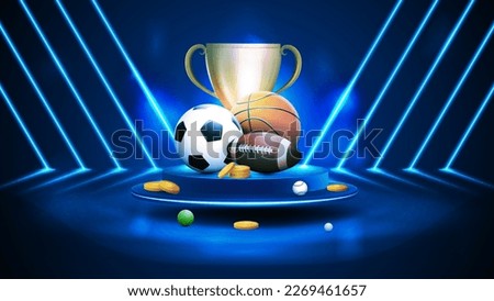 Blue podium in blue scene with diagonal blue line neon lamps on background, champion cup, gold coins and sport balls