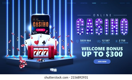 Blue podium with smartphone, red slot machine, poker chips, playing cards in scene with blue neon line wall on background