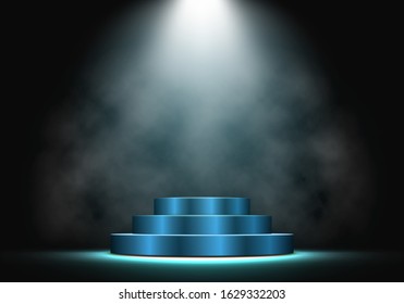 Blue podium with smoke illuminated by spotlights. Empty pedestal for award ceremony. Vector illustration.