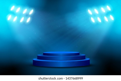 blue podium with spotlight on the stage