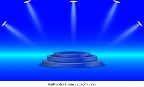 Podio azul con foco para mostrar con fondo azul